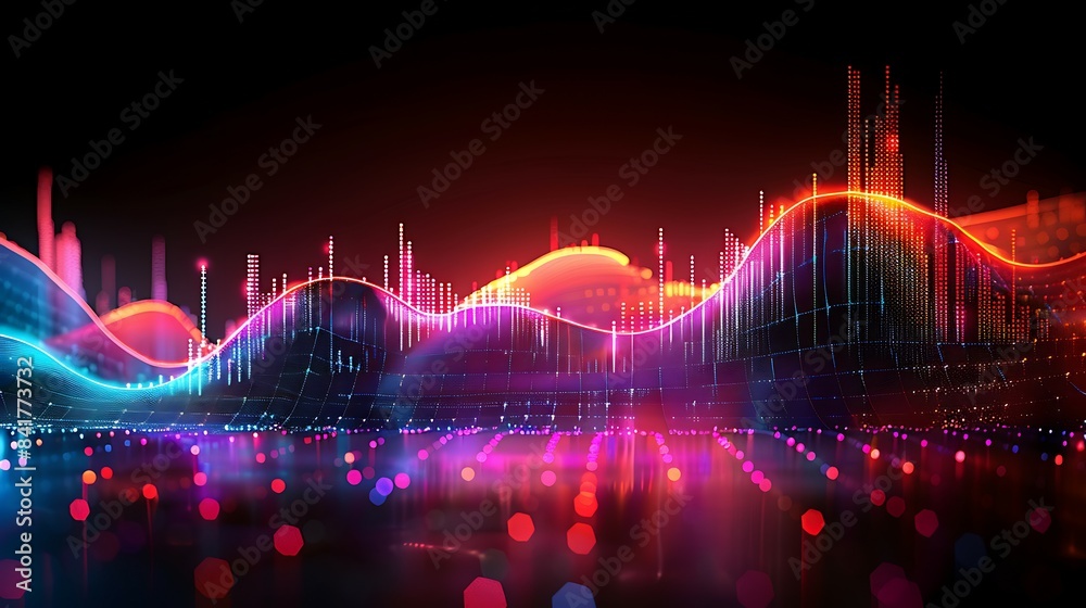 Obraz premium Vibrant nancial graphs on a dark background showcase market analysis, economic trends, and data analytics concepts in an engaging abstract