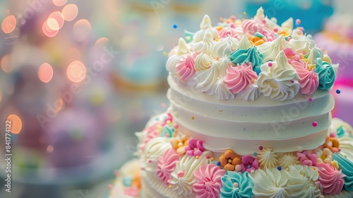Colorful and beautifully decorated tiered cake with pink  blue  and white frosting  perfect for a celebration or party setting.
