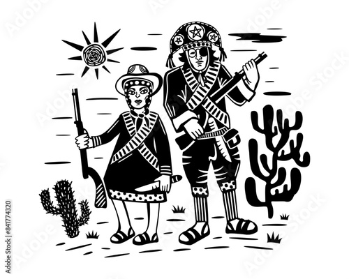 Lampiao and Maria Bonita. Bandits, folk heroes of Brazil. Brazilian cordel style. Northeast woodcut style