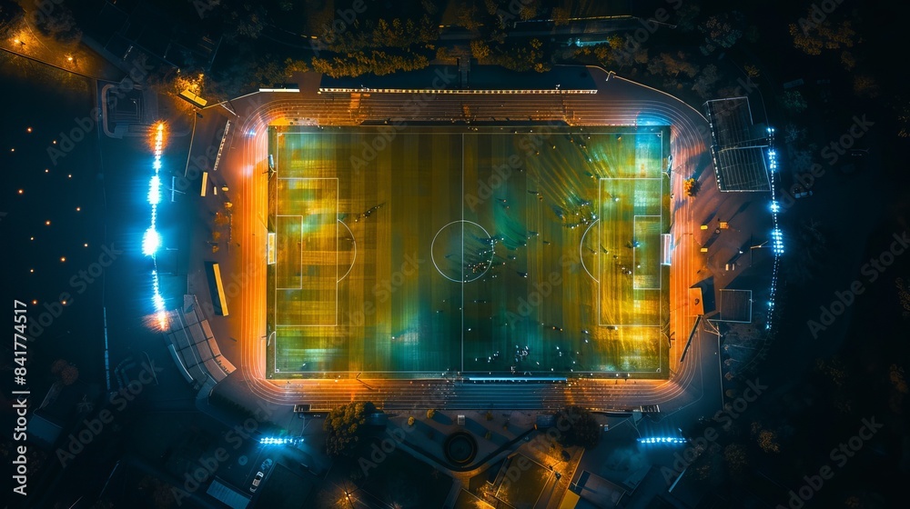 aerial view of a massive football ground after a huge win by the home team in final and people running towards ground in happiness , proper lighting and match environment concept aerial view of a massive football ground after a huge win by the home team in final and people running towards ground in happiness , proper lighting and match environment concept