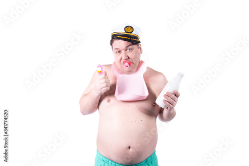 Mental problems. Funny fat man. White background. photo