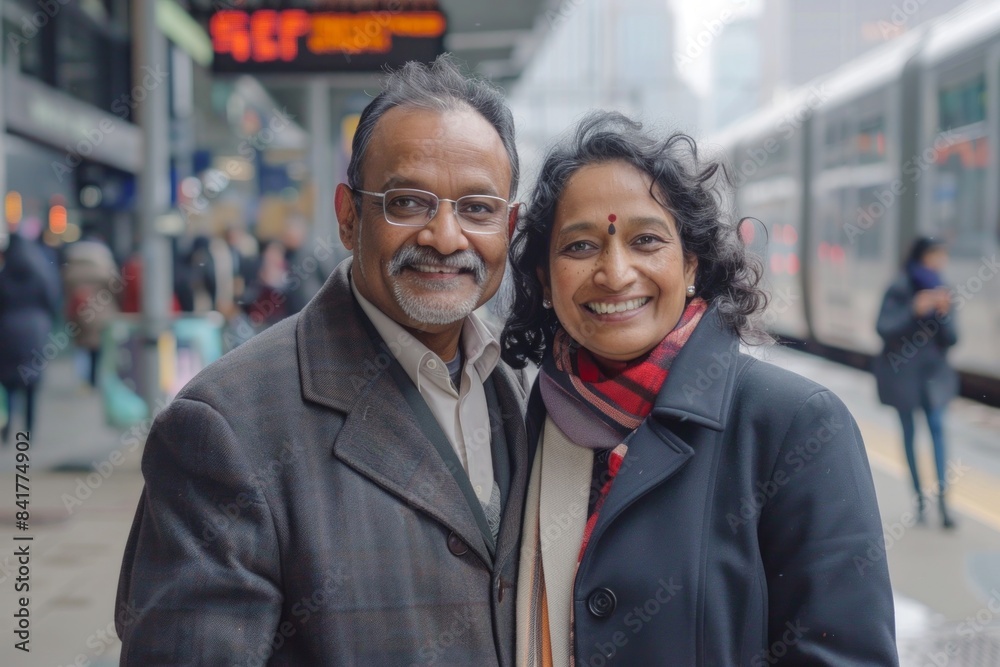 Portrait of a joyful indian couple in their 50s wearing a professional suit jacket over modern city train station