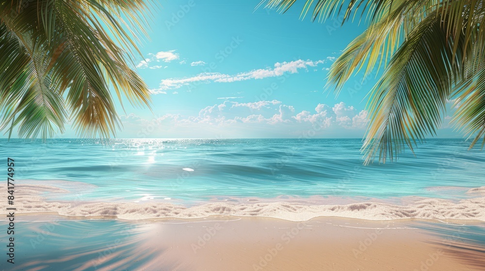Tropical beach with palm trees and clear blue water under sunny sky Tropical beach with palm trees and clear blue water under sunny sky