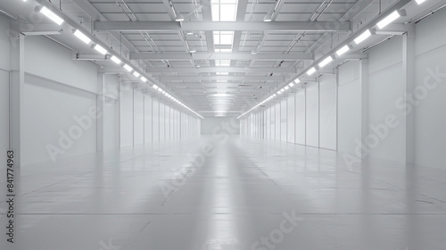 An empty big white clean warehouse. Background image. Created with Generative AI technology.