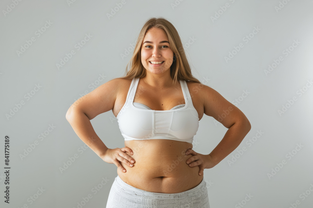 femme en surpoids en tenue de sport : legging et brassière, les mains sur les hanches