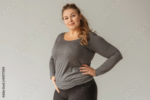 portrait studio d'une femme en surpoids posant les mains sur les hanches
