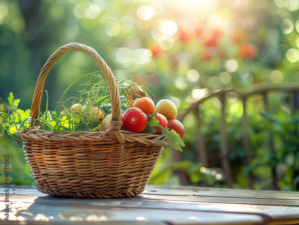 Wicker basket filled fresh vegetables placed outdoor table, representing garden harvest fresh