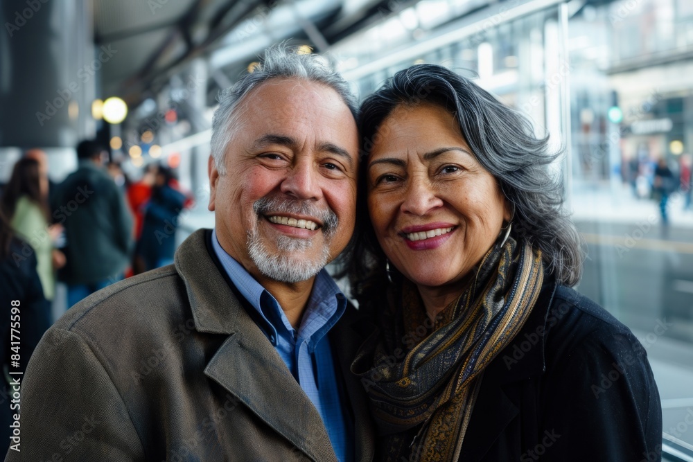 Portrait of a grinning latino couple in their 60s wearing a professional suit jacket on modern city train station Portrait of a grinning latino couple in their 60s wearing a professional suit jacket on modern city train station