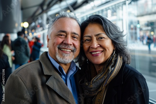 Portrait of a grinning latino couple in their 60s wearing a professional suit jacket on modern city train station