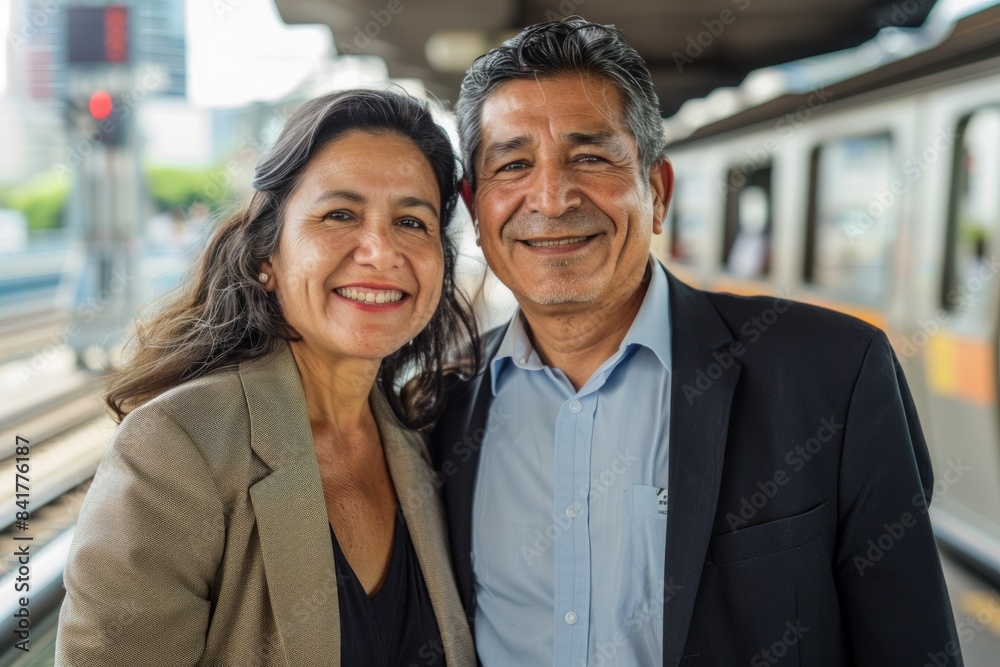 Portrait of a grinning latino couple in their 60s wearing a professional suit jacket in front of modern city train station