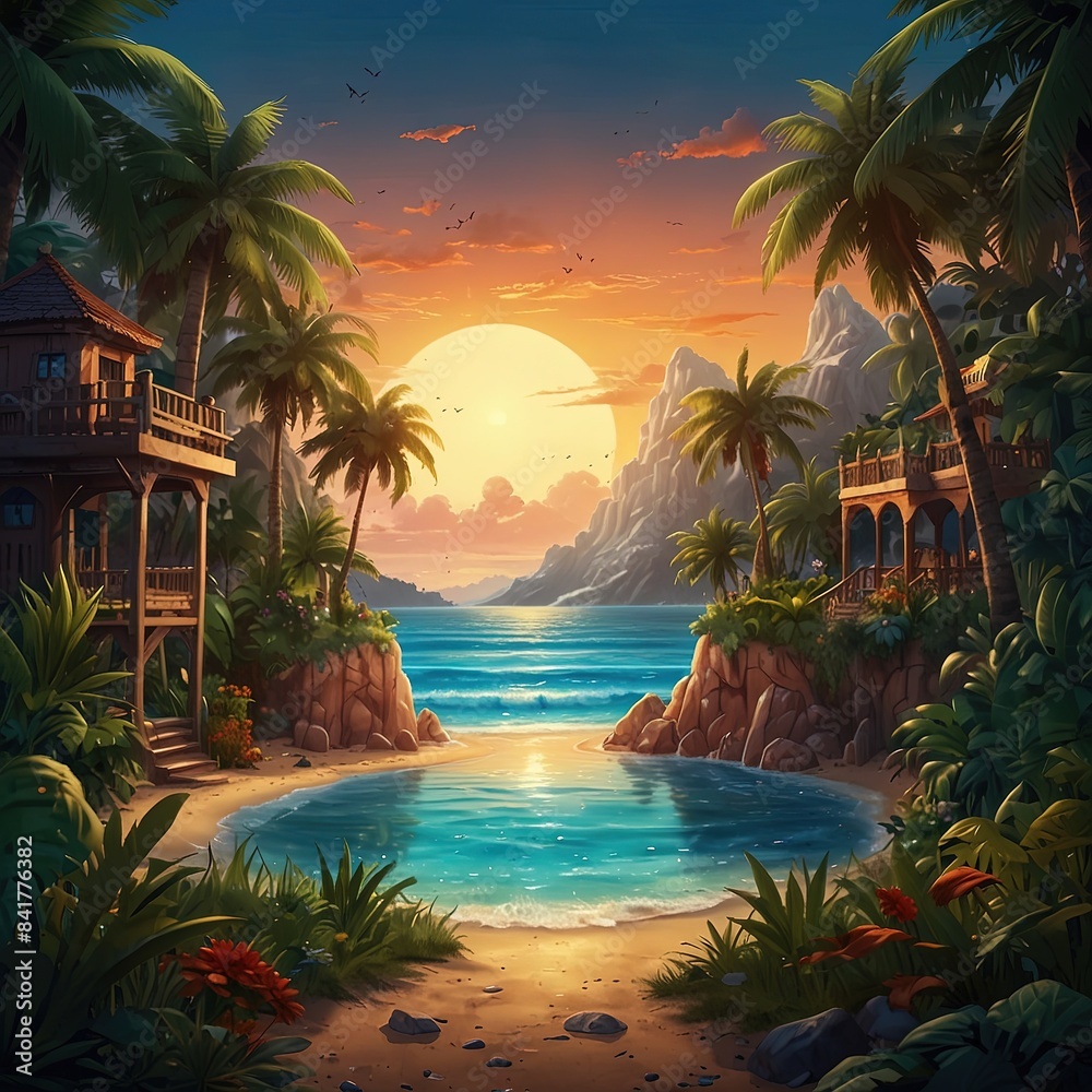 Fototapeta premium 3D Cartoon Paradise Dreamland Resort Nature Landscape