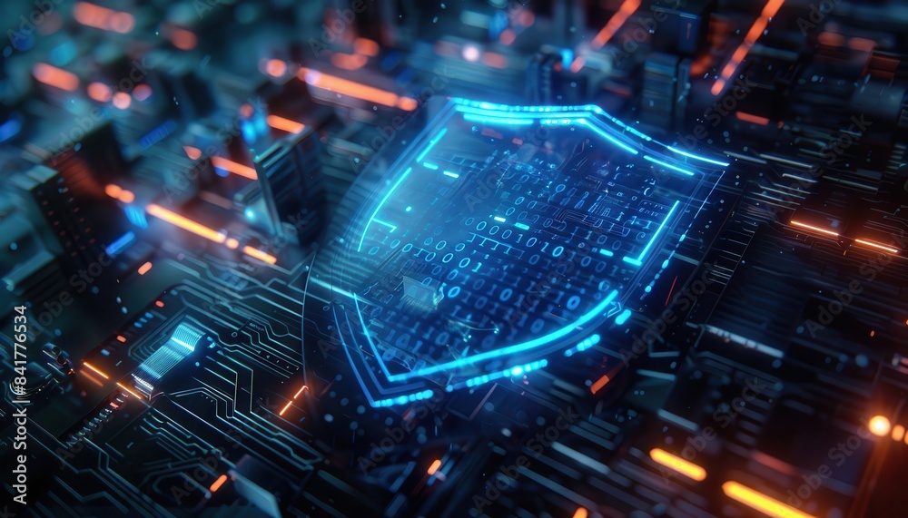 Obraz premium A digital, glowing shield surrounded by abstract circuitry, representing cybersecurity.