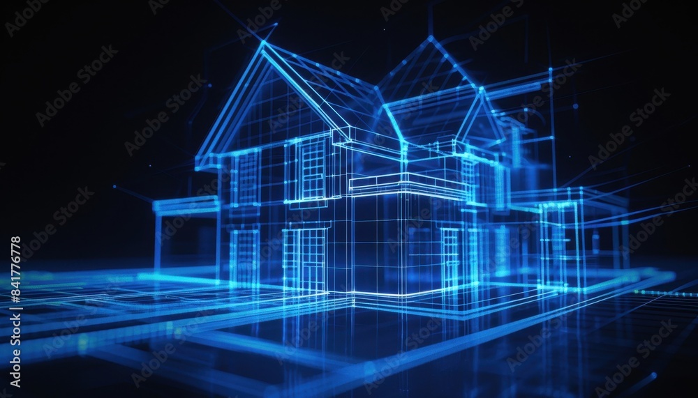 Futuristic digital blueprint of a house in blue neon light, showcasing modern architecture and technology in construction planning. Futuristic digital blueprint of a house in blue neon light, showcasing modern architecture and technology in construction planning.
