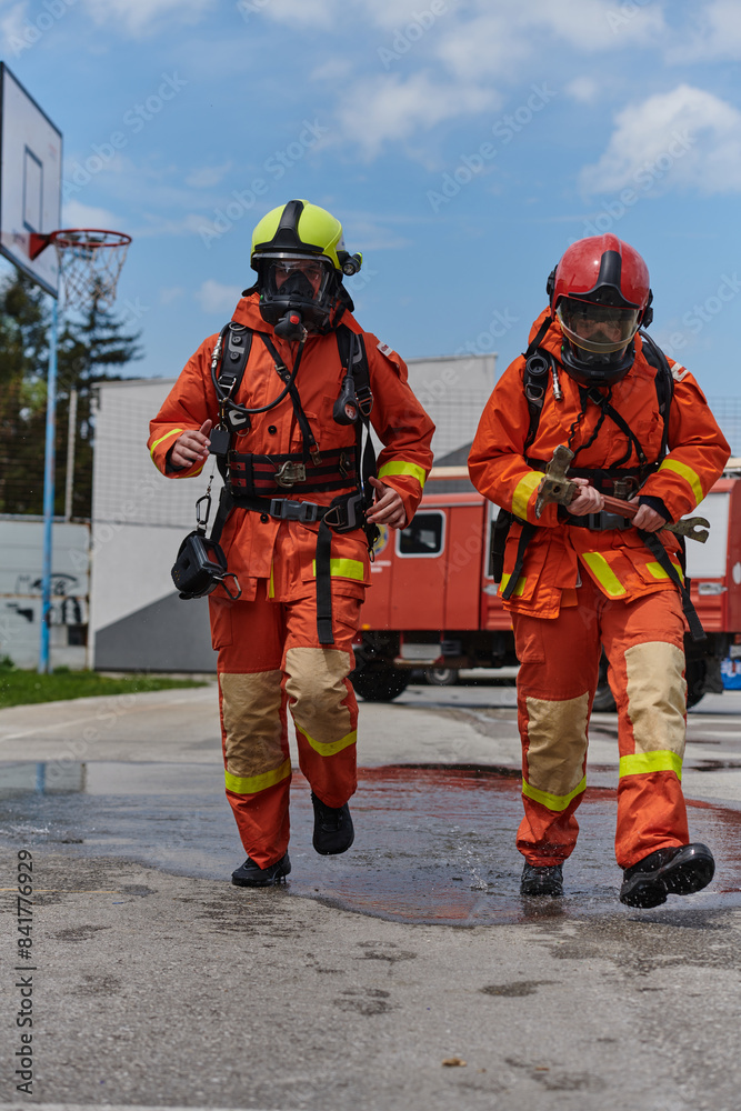 A team of confident and accomplished firefighters strides purposefully in their uniforms, exuding pride and satisfaction after successfully completing a challenging firefighting mission A team of confident and accomplished firefighters strides purposefully in their uniforms, exuding pride and satisfaction after successfully completing a challenging firefighting mission