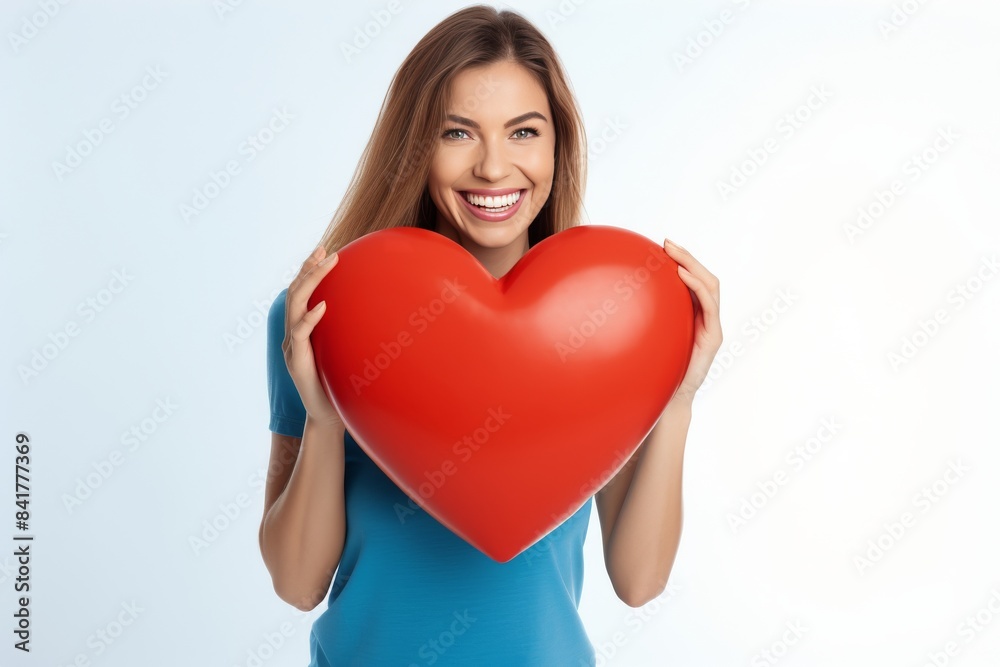 Smiling Woman Holding Large Red Heart Against White Background Smiling Woman Holding Large Red Heart Against White Background