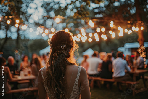 Wedding celebration with festival atmosphere, live music, and food trucks