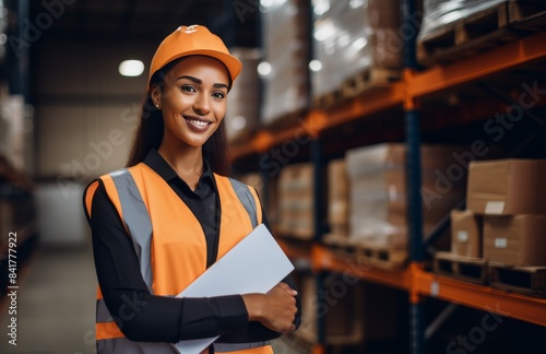 Smiling Female Warehouse Worker Holding Clipboard In Busy Industrial Setting