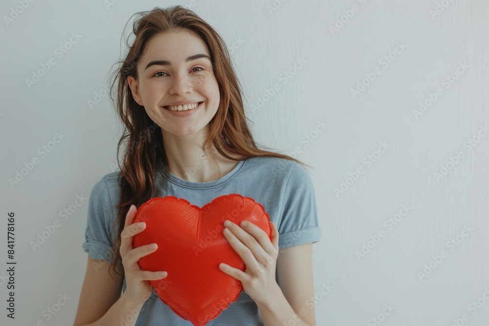 Smiling Woman Holding Large Red Heart Against White Background Smiling Woman Holding Large Red Heart Against White Background