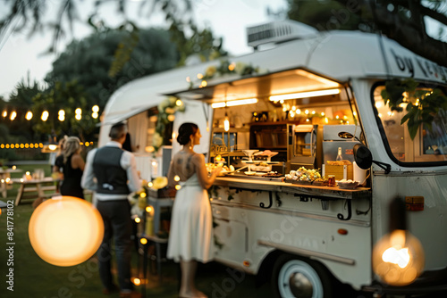 Wedding celebration with festival atmosphere, live music, and food trucks photo