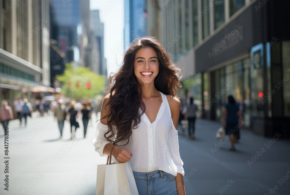 Woman Walking on City Street With a Smile Woman Walking on City Street With a Smile