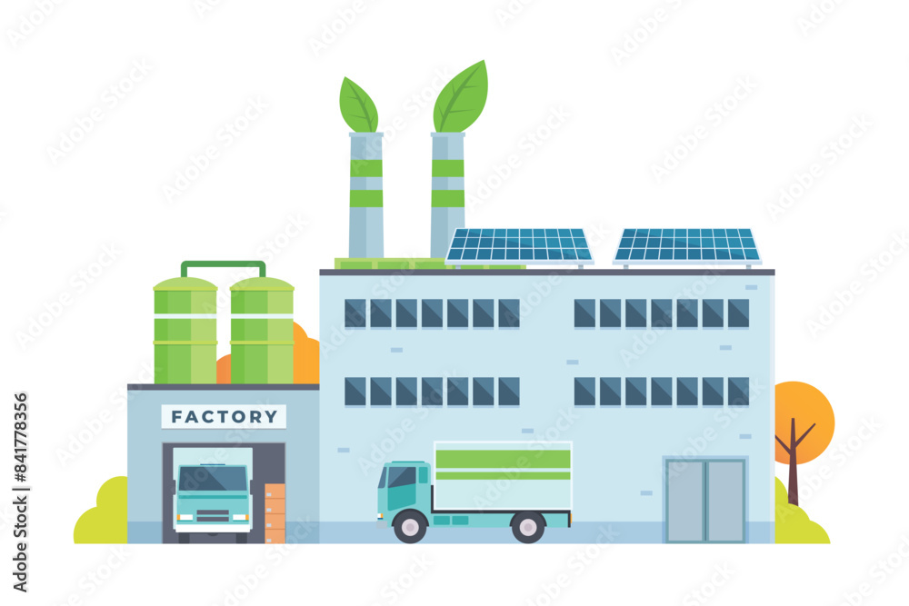 Fototapeta premium Sustainable Smart Green Factory building illustration, vector elements for city and industry illustration. flat style and front view