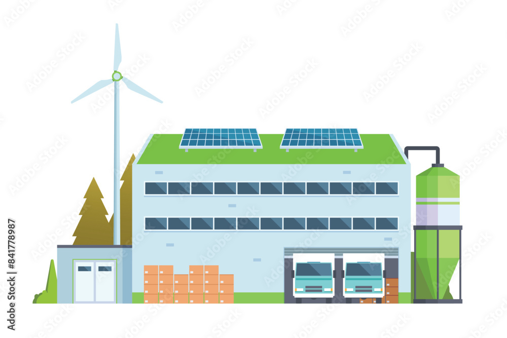 Sustainable Smart Green Factory building illustration, vector elements for city and industry illustration. flat style and front view Sustainable Smart Green Factory building illustration, vector elements for city and industry illustration. flat style and front view