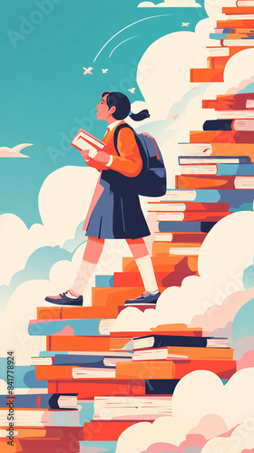 A student walks up a staircase paved with books to change the concept of destiny illustration
