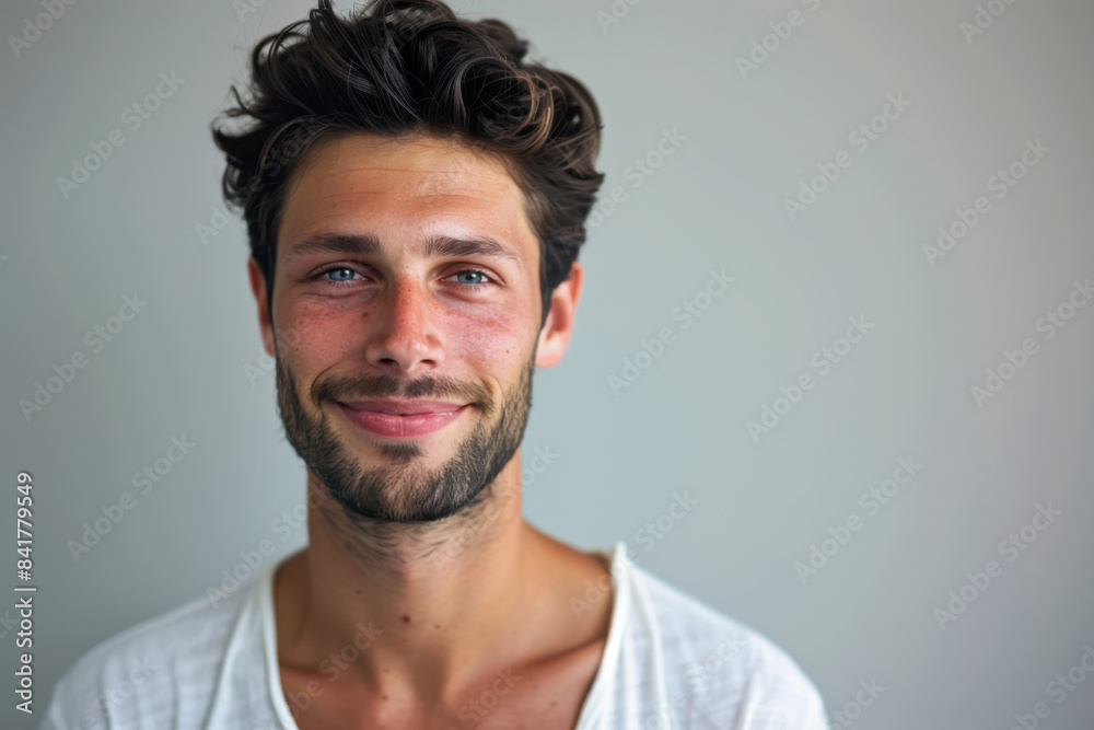 A close up portrait of a young man with a subtle smile A close up portrait of a young man with a subtle smile