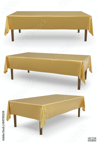 Set of realistic Rectangular table with gold Tablecloth isolated on white Background.  Empty cloth table. Silk table clothes. Meeting room table clothes. 3D vector illustration.