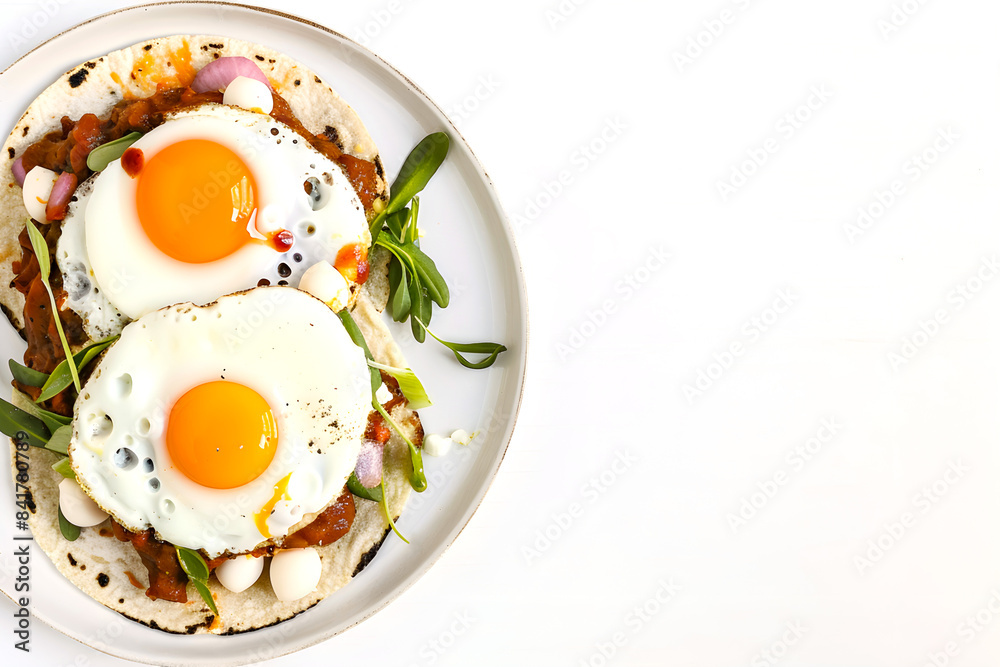 Red Chile Tostadas with Eggs on white background. Copy space Red Chile Tostadas with Eggs on white background. Copy space