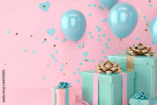 Gift boxes with blue balloons on pink background © Fxquadro
