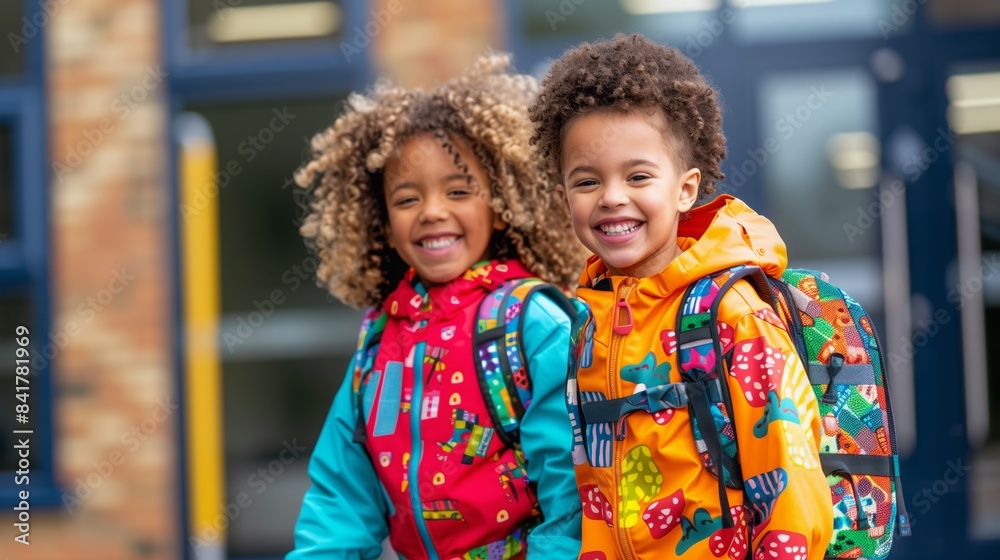 Two children wearing bright raincoats and backpacks stand outside a school Two children wearing bright raincoats and backpacks stand outside a school