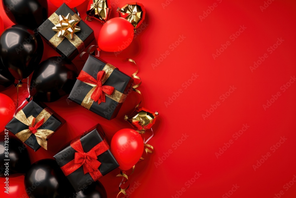 Luxurious gift boxes with balloons in festive setup Luxurious gift boxes with balloons in festive setup
