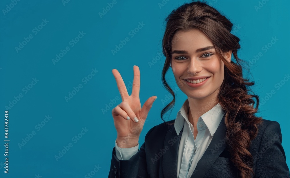 Smiling Woman In A Black Suit Making Peace Sign In Front Of Blue Background Smiling Woman In A Black Suit Making Peace Sign In Front Of Blue Background