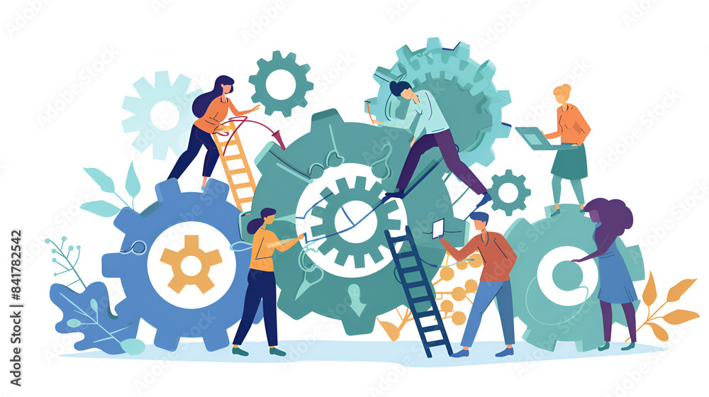 Company workers joining gear wheels