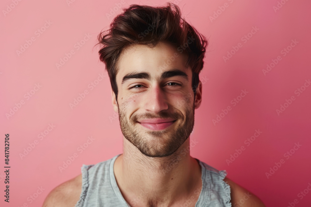 A close up portrait of a young man with a subtle smile A close up portrait of a young man with a subtle smile