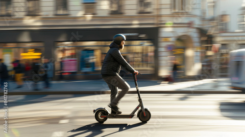 A bustling urban scene with a person riding an electric scooter, capturing the essence of modern city life and movement.