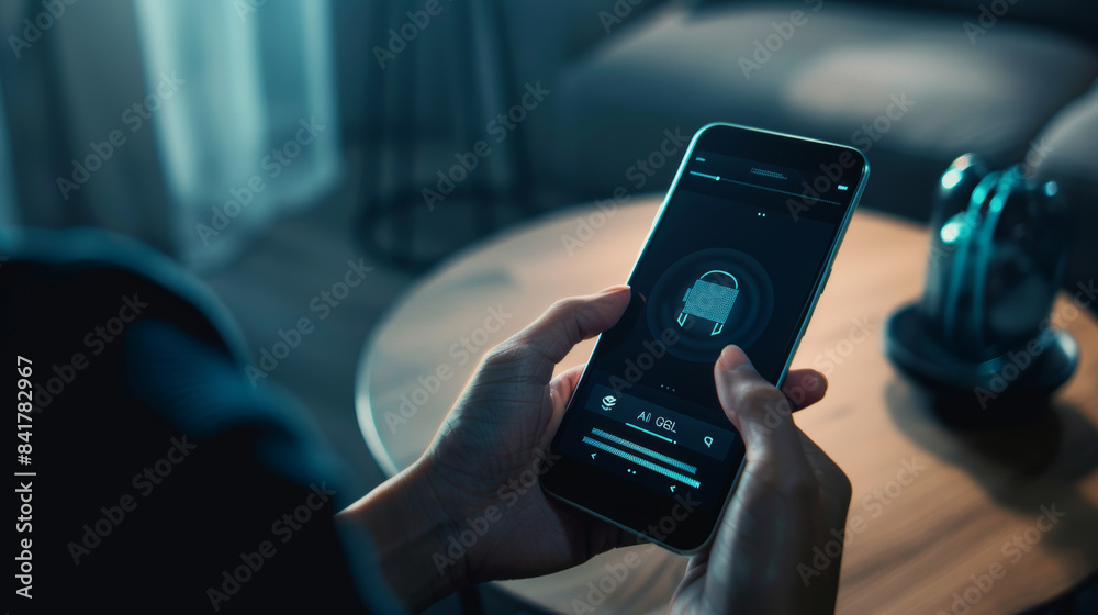 Close-up of hands holding a smartphone with a smart home app, showcasing modern technology and the integration of smart devices. Close-up of hands holding a smartphone with a smart home app, showcasing modern technology and the integration of smart devices.