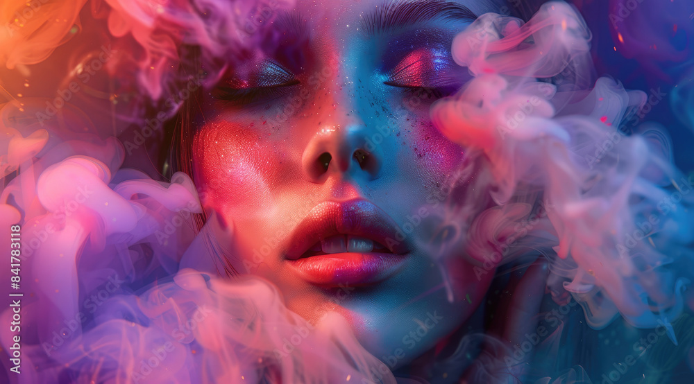 A beautiful woman surrounded by colorful smoke, a colorful paint explosion