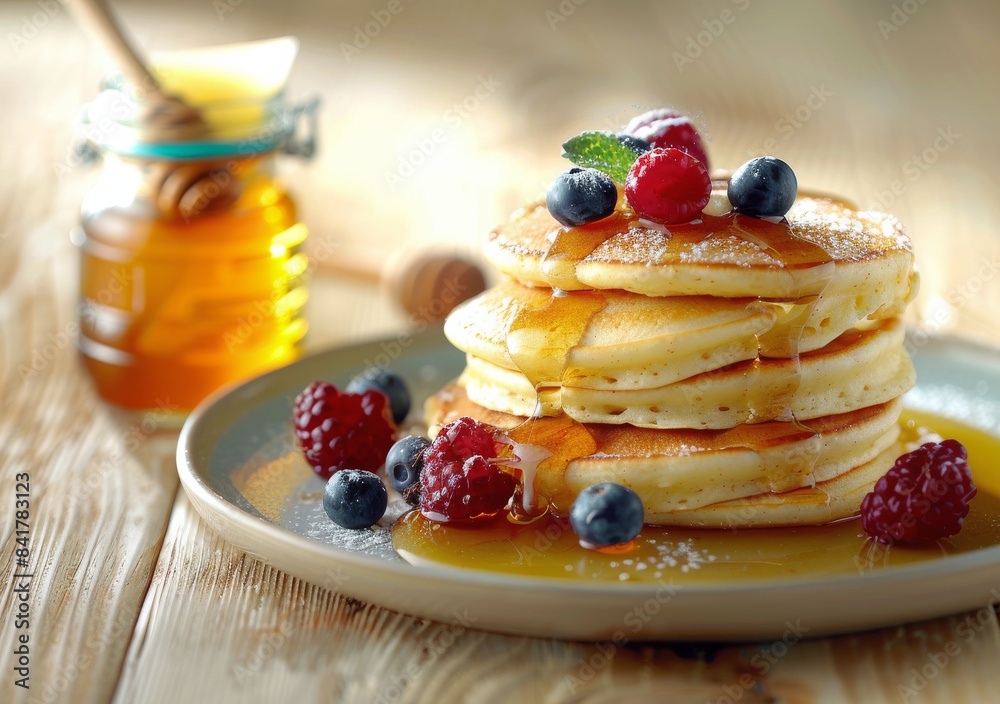 Freshly Made Stack of Pancakes Drizzled With Honey and Topped With Berries on a Wooden Table Freshly Made Stack of Pancakes Drizzled With Honey and Topped With Berries on a Wooden Table