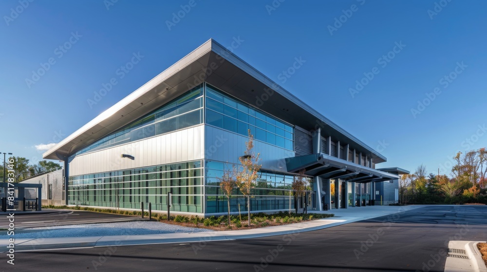 A modern public waste management facility, showcasing advanced technology and clean design in a setting of a well-maintained public service site, emphasizing public utility efficiency. A modern public waste management facility, showcasing advanced technology and clean design in a setting of a well-maintained public service site, emphasizing public utility efficiency.