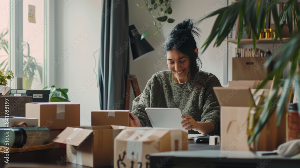 A woman smiles while working on a tablet surrounded by cardboard boxes and office supplies in a cozy home workspace. A woman smiles while working on a tablet surrounded by cardboard boxes and office supplies in a cozy home workspace.