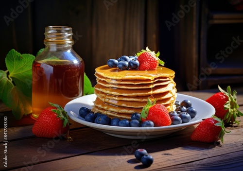 Stack of Pancakes With Fresh Berries and Syrup on Wooden Table