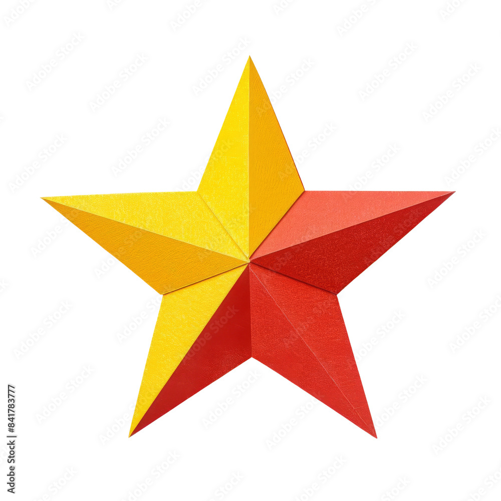 Vibrant red and yellow star icon with a 3D geometric design, perfect for adding a touch of color and creativity to your projects.