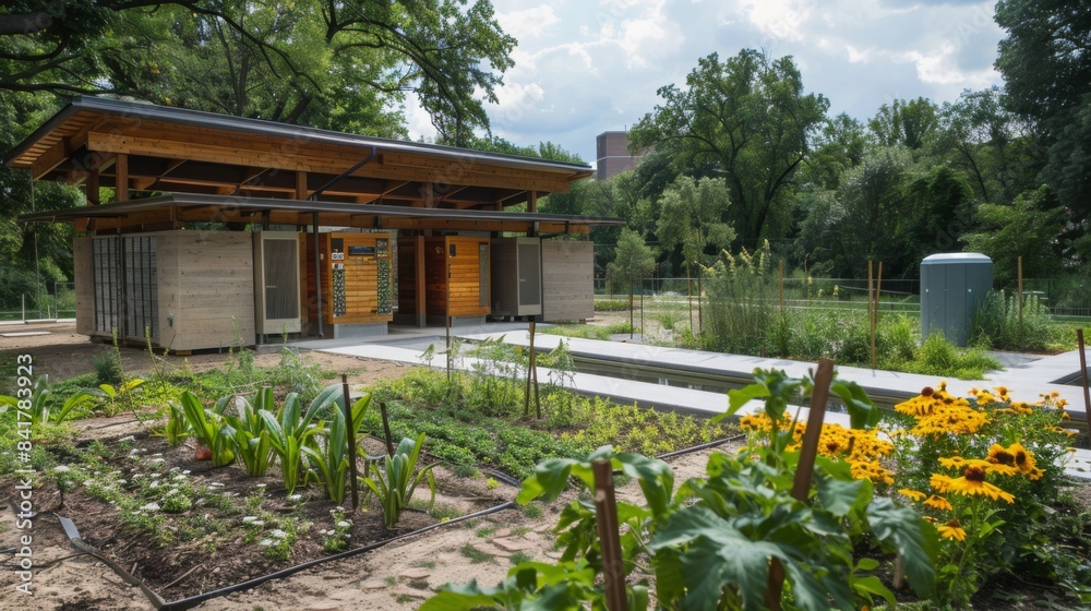 A community composting center with smart composting units, set in a green urban park, emphasizing environmental consciousness and community engagement. A community composting center with smart composting units, set in a green urban park, emphasizing environmental consciousness and community engagement.