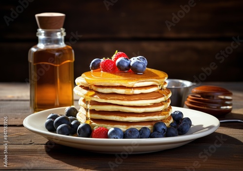 Stack of Pancakes With Fresh Berries and Syrup on Wooden Table