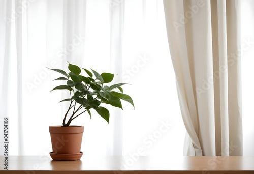 Minimalistic setting with a plant on a table  a windowsill. 