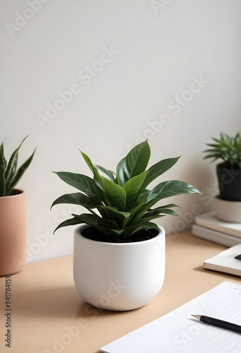 Minimalistic setting with a plant on a table  a windowsill. 