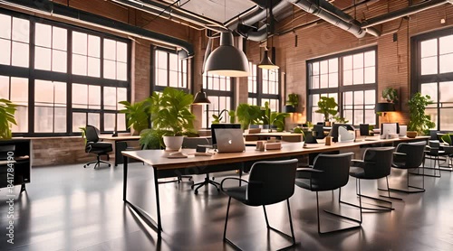 Modern office interior with glass walls and furniture. Workspace design concept