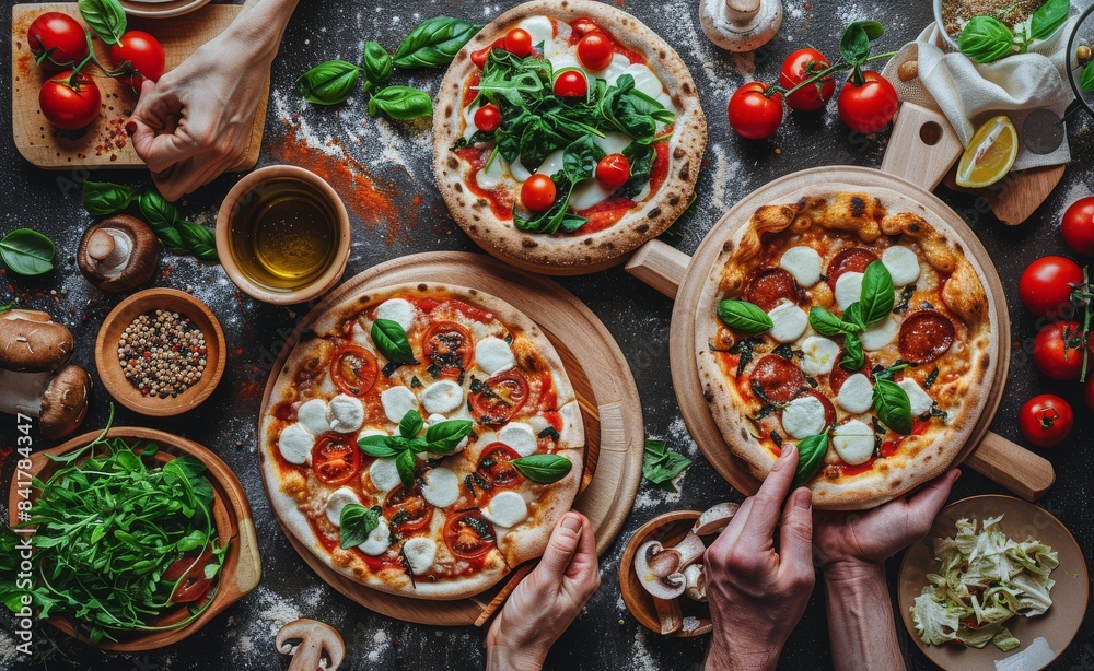 Freshly Baked Pizza With Basil and Tomatoes on a Rustic Wooden Table